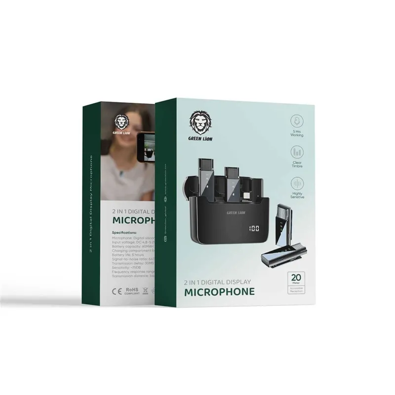 بررسی میکروفون بی سیم تایپ سی گرین لاین Green Lion 2 in 1 Digital Display Microphone دارای ۲ فرستنده